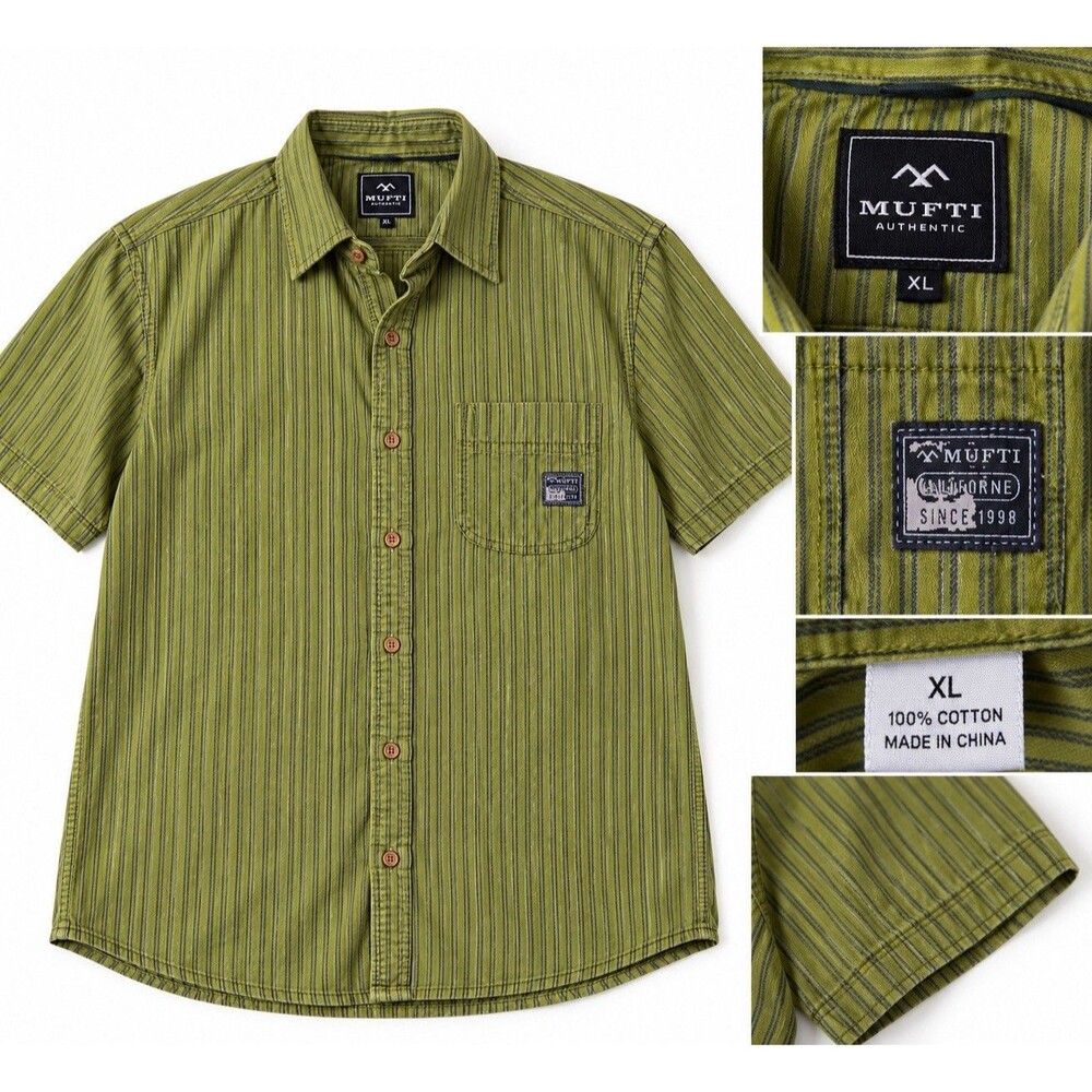 Mufti Authentic Men’s XL Green Striped Short Sleeve Button Up Shirt 100% Cotton